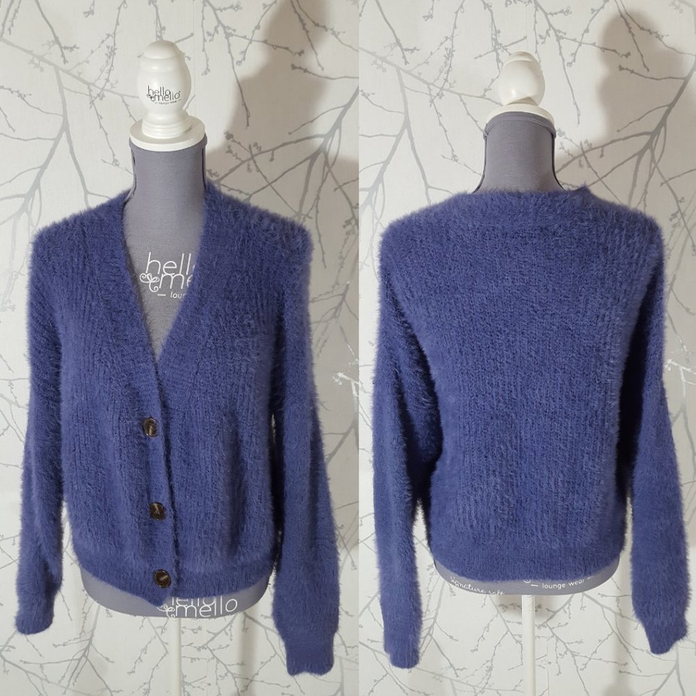 Okakie Purple Fuzzy Knit Button Front Boxy Fit Cardigan